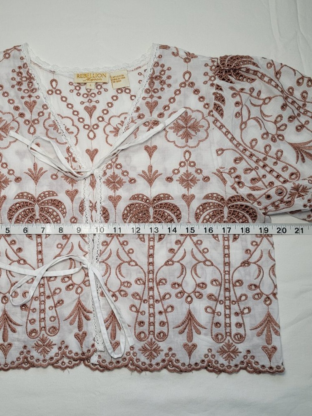Rebellion Tie Front Eyelet Palm Top Cotton White Brown Large Boho Tropical - Picture 7 of 9